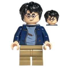   Harry Potter lego fgiura - Dark Blue Open Jacket over Sand Blue Shirt with Dirt Stains, Dark Tan Medium Legs, Grin / Stern