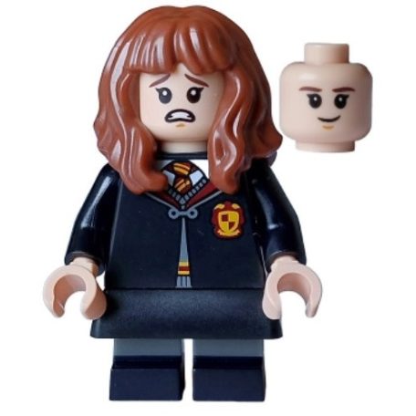 Hermione Granger harry potter lego figura - Gryffindor Robe Clasped, Black Skirt, Black Short Legs with Dark Bluish Gray Stripes, Open Mouth Scared / Closed Mouth Grin