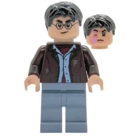Harry Potter lego figura- Dark Brown Open Jacket, Sand Blue Legs, Bright Pink Stinging Jinx Face