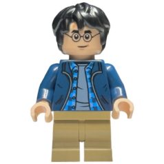  Harry Potter lego figura - Dark Blue Open Jacket over Plaid Shirt with Collar and Sand Blue Shirt, Dark Tan Medium Legs