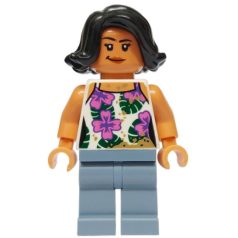   Sammy Gutierrez jurassic world lego figura - White Sleeveless Shirt with Flowers, Leaves and Dirt Stains, Sand Blue Legs
